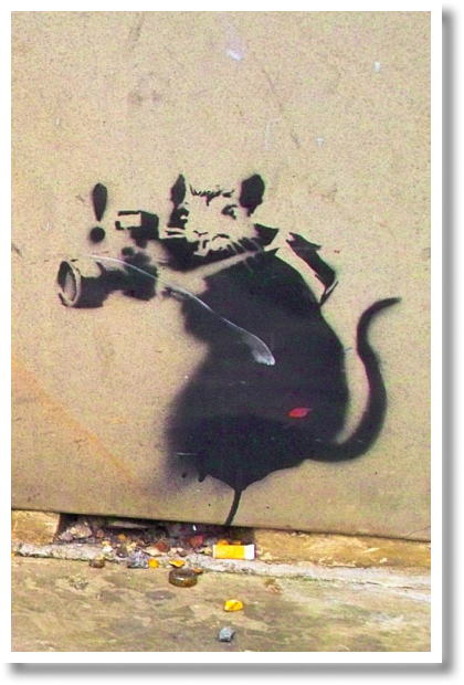 Foto van het Banksy kunstwerk 'Rat photographer'.