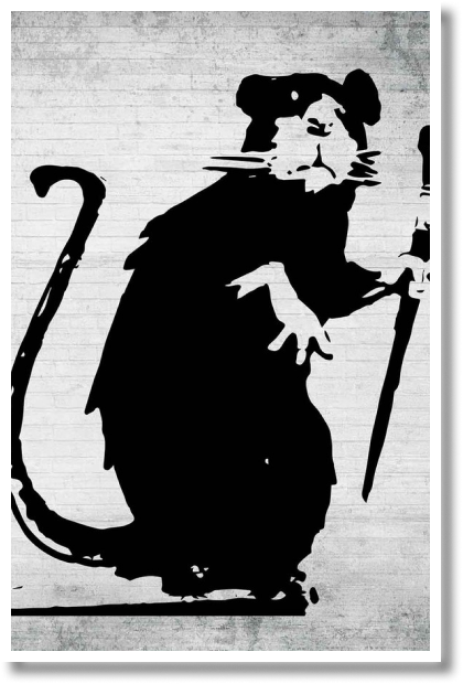 Foto van het Banksy kunstwerk 'Graffiti rat'.