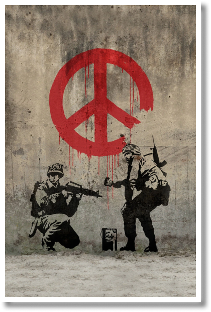 Foto van het Banksy kunstwerk 'Peace soldiers'.